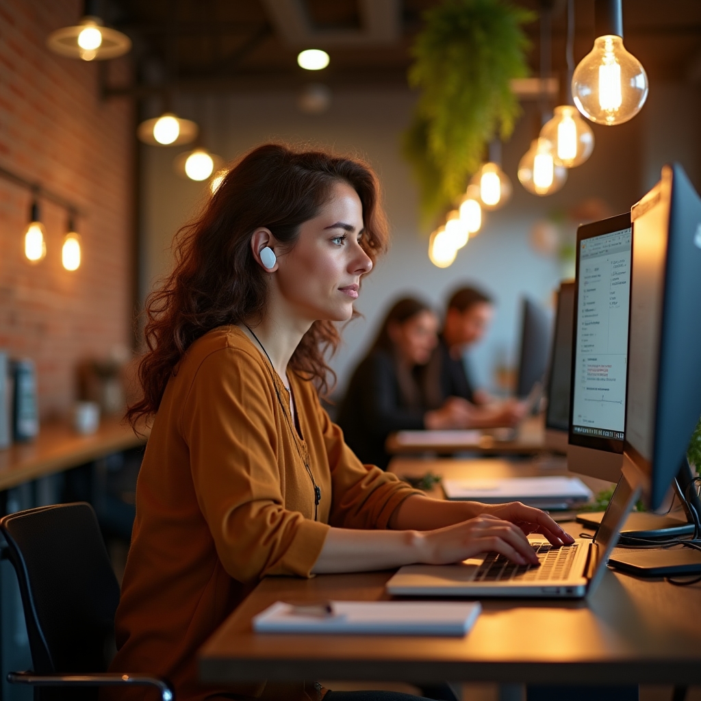 Consulente che lavora da remoto in spazio di coworking con laptop e cuffie