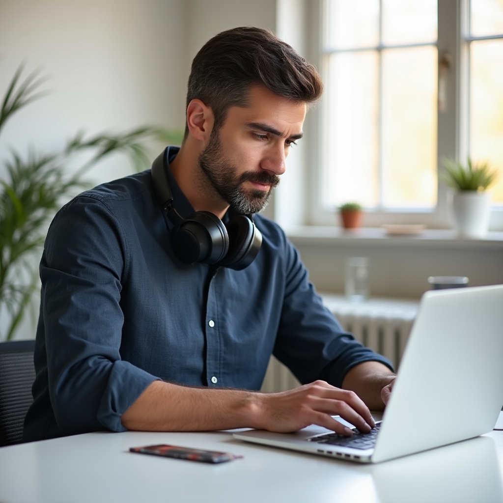 Professionista concentrato davanti al laptop in ambiente luminoso e ordinato senza distrazioni