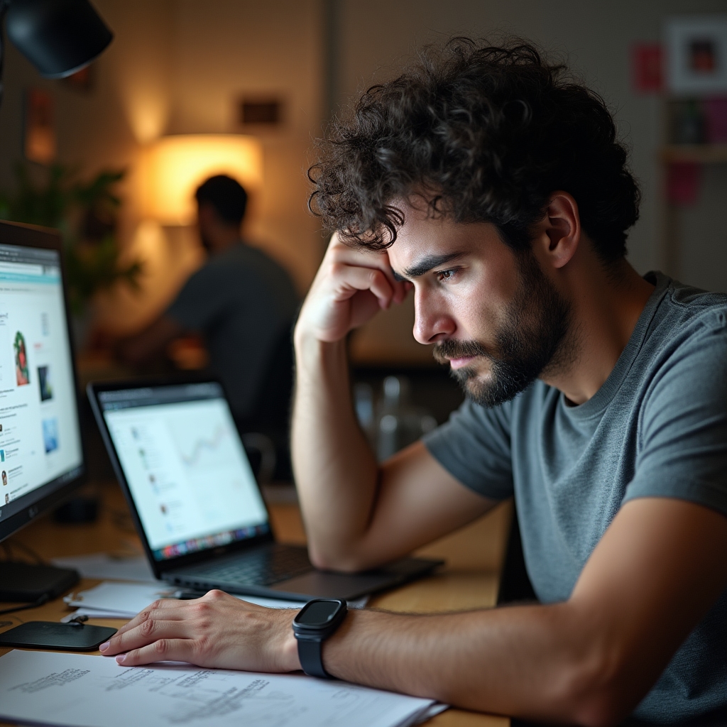 Libero professionista con espressione stressata davanti a schermo con molte finestre aperte
