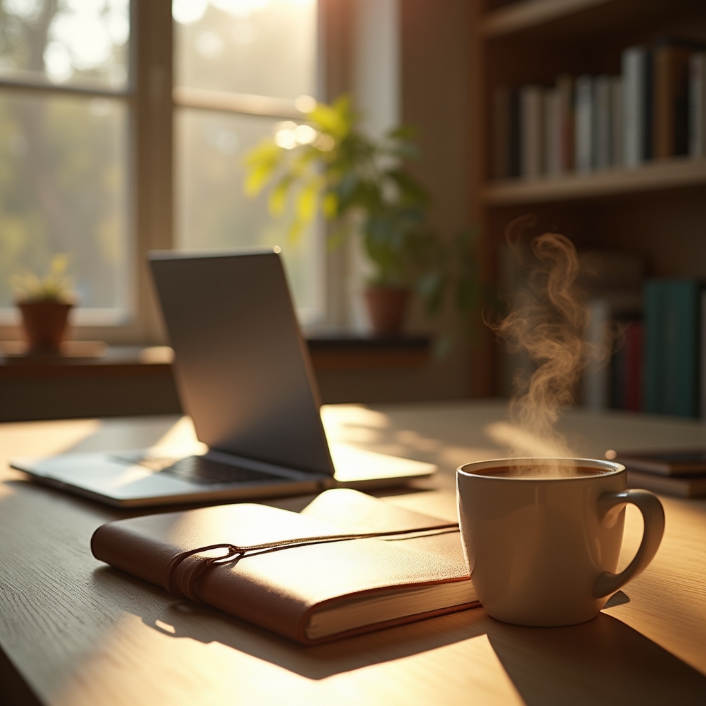 Scrivania ordinata di un libero professionista al mattino con agenda e caffè