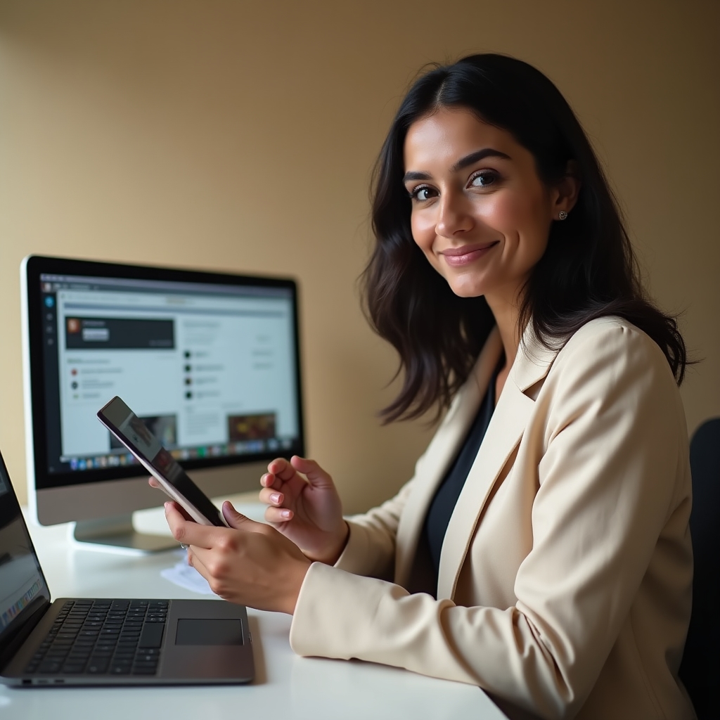 Professionista che gestisce comunicazioni con più clienti contemporaneamente su tablet e telefono