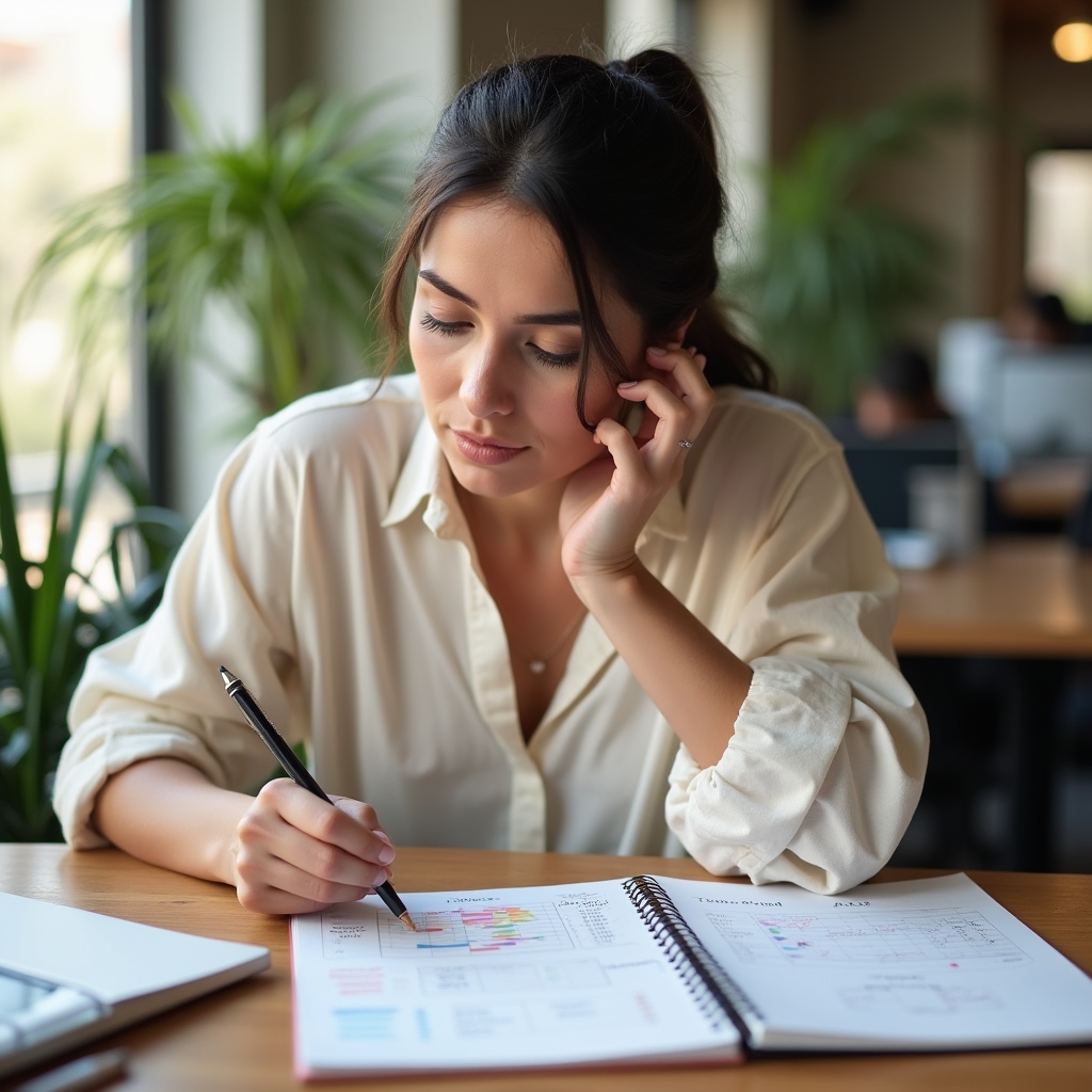 Libero professionista che analizza il proprio utilizzo del tempo con fogli e schemi su scrivania