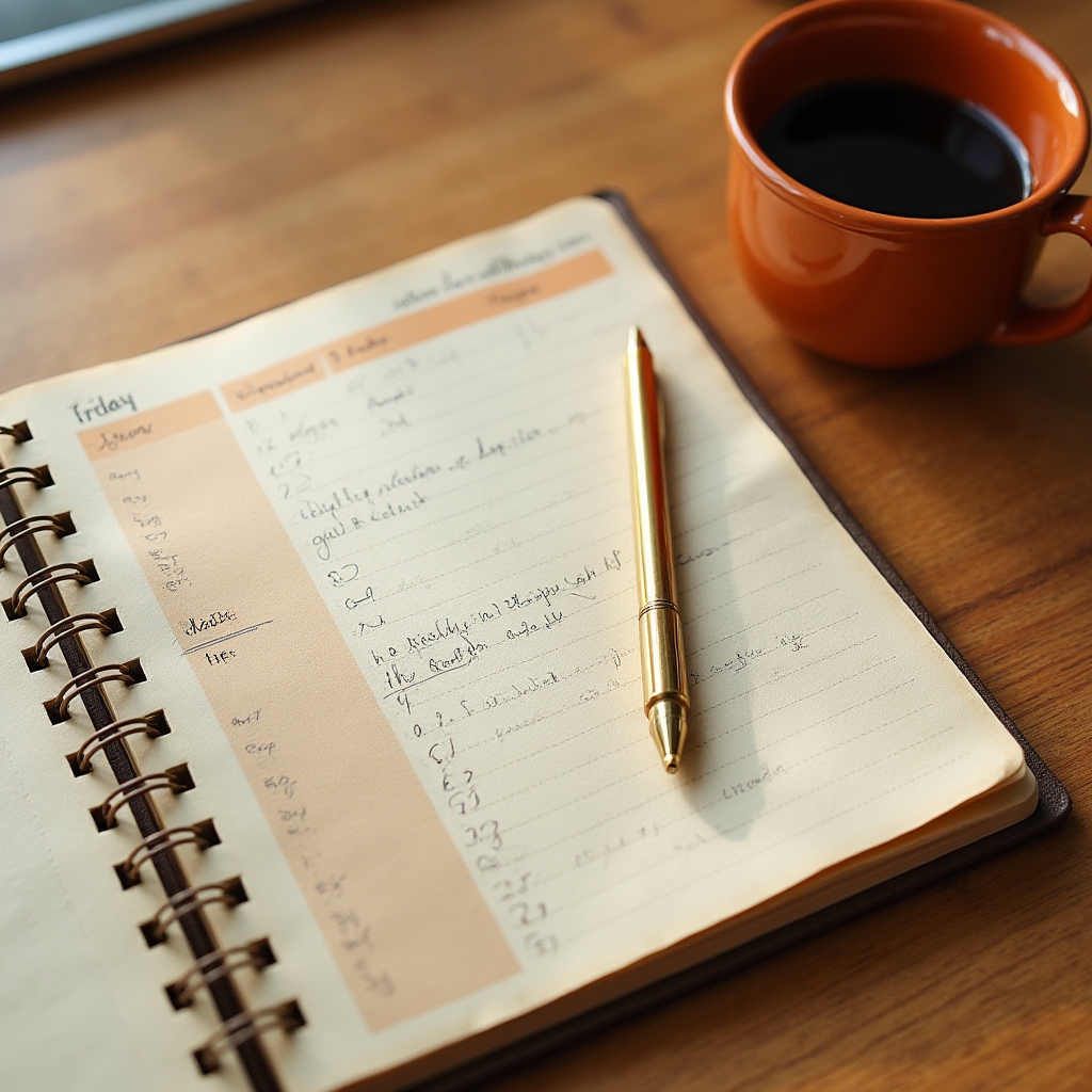 Agenda settimanale aperta su scrivania con penna e blocco note per pianificazione professionale