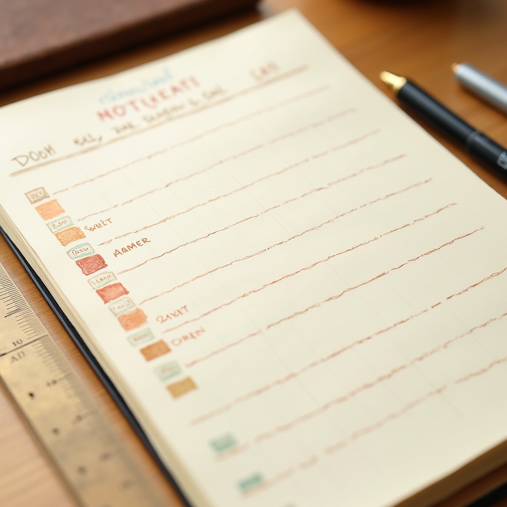 Template di pianificazione settimanale compilato con blocchi di tempo colorati su carta